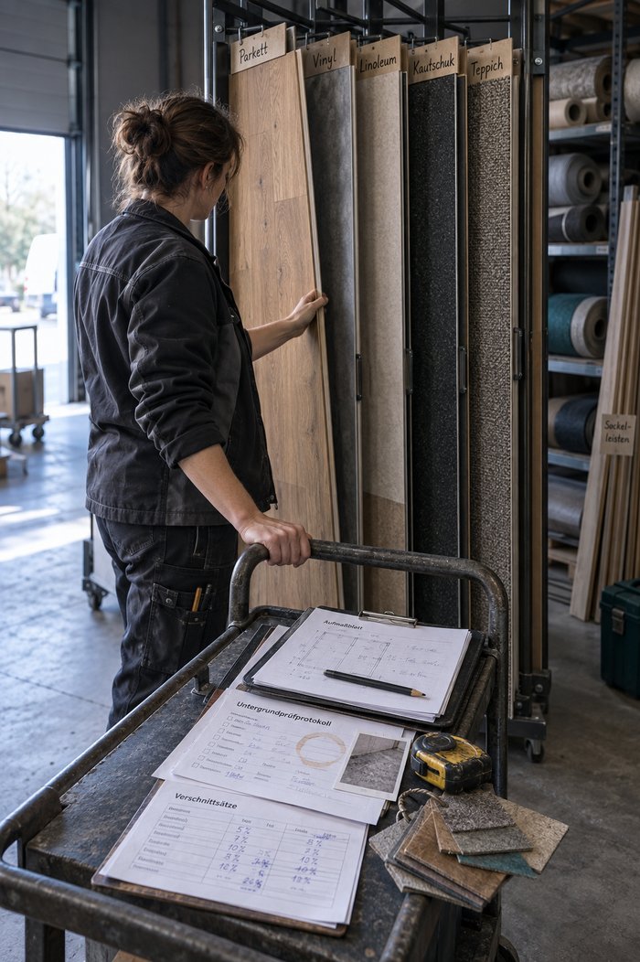 Inhaberin eines Bodenlegerbetriebs zieht im Lager eine Parketttafel aus dem Musterständer, auf dem Rollwagen vor ihr liegen Aufmaßblatt, Untergrundprüfprotokoll mit eingestecktem Foto und die Liste der Verschnittsätze