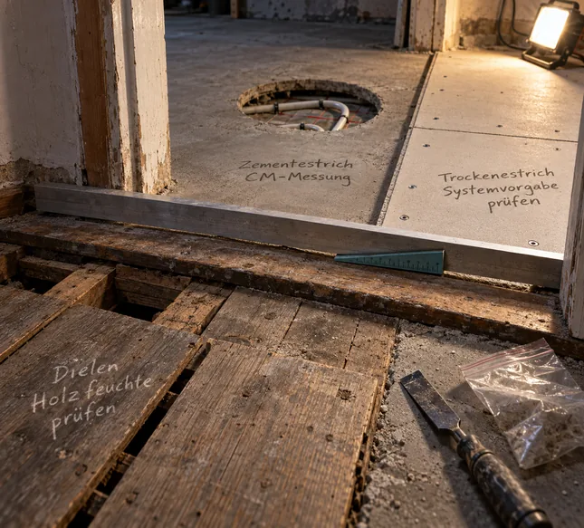 Türschwelle in einem Altbau im Umbau, an der alte Dielen, Zementestrich mit geöffneter Heizrohrschleife und Trockenestrichplatten aufeinandertreffen, auf jedem Aufbau eine Kreidenotiz zur Prüfung, quer darüber Richtlatte und Messkeil
