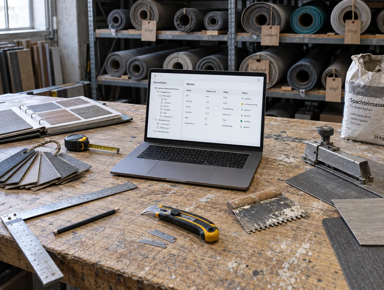 Zuschneidetisch im Lager eines Bodenlegerbetriebs mit einem Notebook, das Bauvorhaben, Geschosse und Räume mit Fläche, Belag und Status zeigt, ringsum Cutter, Zahnspachtel und Musterordner, dahinter das Rollenregal