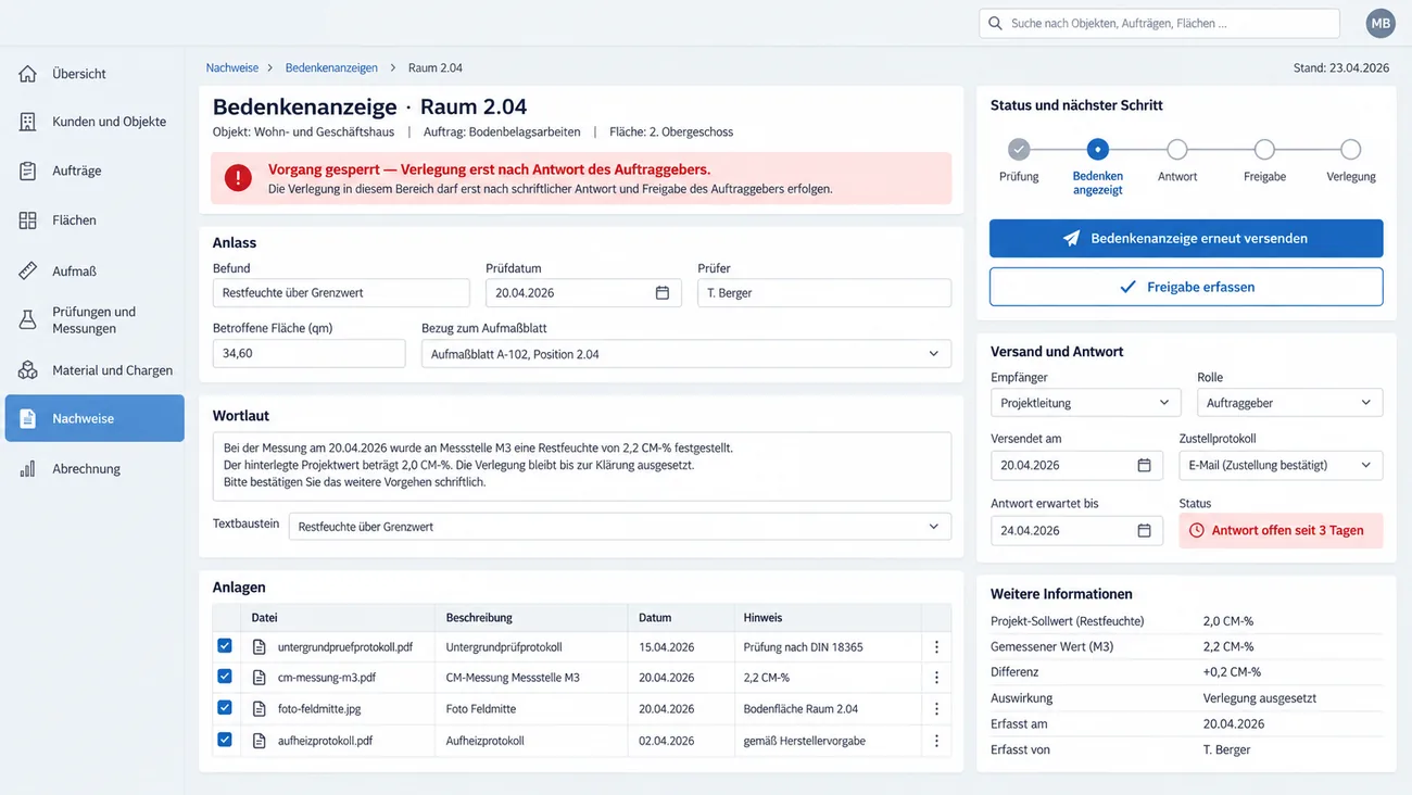 Maske: Bedenkenanzeige mit dem Hinweis auf den gesperrten Vorgang, Befund und Wortlaut aus Textbausteinen, angehängtem Prüfprotokoll, CM-Messung und Foto, Versand mit Antwortfrist und der Statuskette bis zur Freigabe