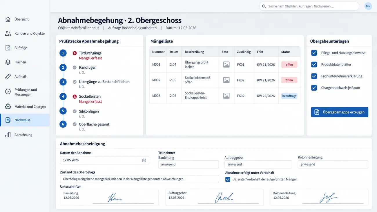 Maske: Abnahmebegehung mit der Prüfstrecke von Türdurchgängen bis Silikonfugen, der Mängelliste mit Foto, Zuständigem und Frist, der Abnahmebescheinigung mit Unterschriften und der Liste der Übergabeunterlagen