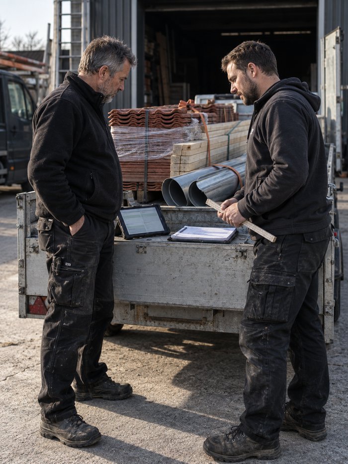 Betriebsinhaber und Kolonnenführer am beladenen Anhänger im Hof eines Dachdeckerbetriebs, auf der Ladefläche Ziegel, Dachlatten und Zinkrohre, auf der Bordwand Tablet mit Tagesliste und Durchschreibeblock, der Jüngere hält den Zollstock