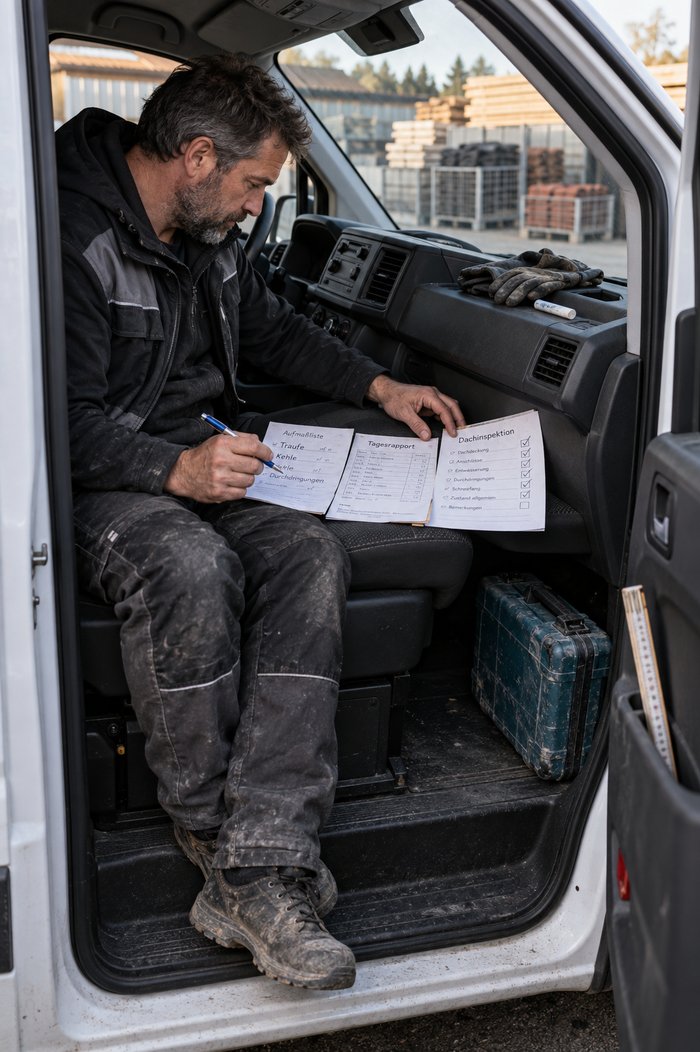 Inhaber eines Dachdeckerbetriebs sitzt quer auf dem Fahrersitz seines Transporters und ordnet auf dem Beifahrersitz Aufmaßliste, Tagesrapport und Dachinspektionsbogen, draußen der Betriebshof mit Gitterboxen und Dachlatten