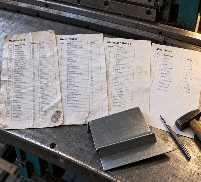 Vier völlig unterschiedlich aufgebaute Materiallisten nebeneinander auf der Auflage einer Abkantbank, von eng bedruckten Tabellen bis zu elf handgeschriebenen Zeilen, davor ein abgekantetes Zinkblech, Anreißnadel und Hammer