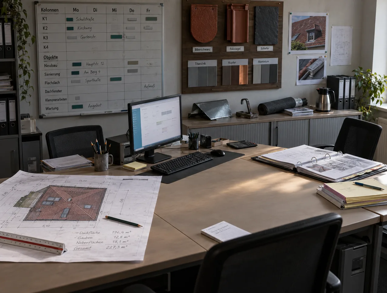 Büro einer Dachdeckerei am frühen Morgen: auf den Tischen eine Dachaufsicht mit Flächenmaßen, ein Monitor mit der Anwendung und aufgeschlagene Ordner, an der Wand Kolonnentafel und Musterbrett mit Ziegeln und Blechen