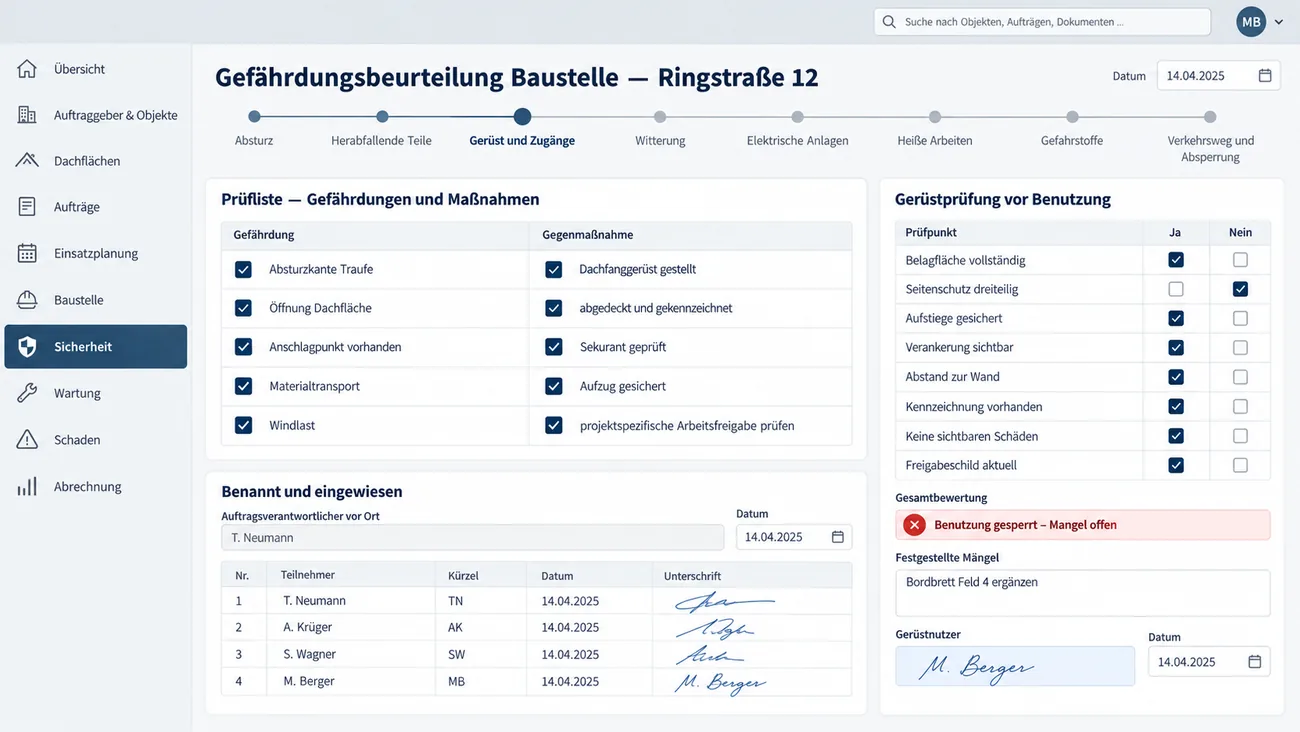 Maske: geführte Gefährdungsbeurteilung einer Baustelle mit Abschnitten von Absturz bis Verkehrsweg, Prüfliste aus Gefährdung und Gegenmaßnahme, Gerüstprüfung vor Benutzung mit Mängelfeld und der Liste der eingewiesenen Mitarbeiter mit Unterschrift
