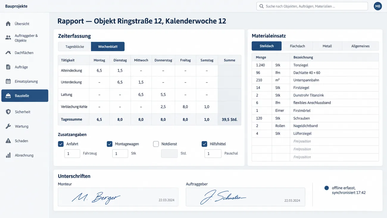 Maske: Wochenrapport eines Objekts mit Stunden je Tätigkeit und Wochentag, Zusatzangaben zu Anfahrt, Montagewagen und Hilfsmitteln, dem Materialeinsatz aus dem eigenen Katalog nach Steildach, Flachdach und Metall und zwei Unterschriften