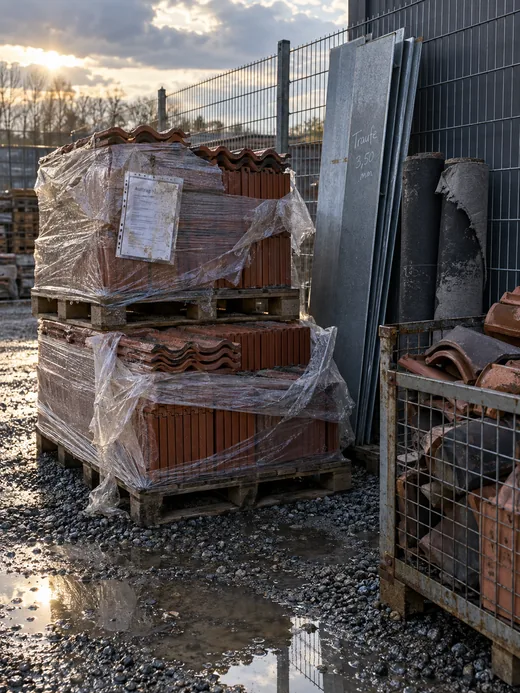 Ecke eines Lagerplatzes nach dem Regen: angebrochene Ziegelpaletten mit zerrissener Folie und verblasstem Auftragszettel, dahinter Traufbleche mit Kreideaufschrift und verwitterte Unterdeckbahnen, rechts eine Gitterbox mit Formziegeln