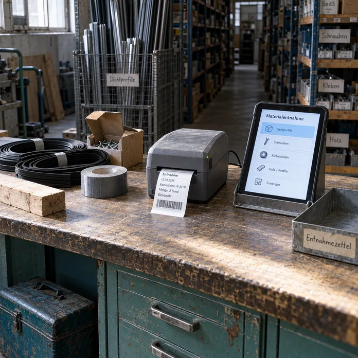 Materialausgabe in der Werkstatt eines Handwerksbetriebs: Auf der Theke gibt ein Etikettendrucker das Entnahmeetikett mit Datum, Kommission und Menge aus, daneben ein Tablet mit der Maske Materialentnahme