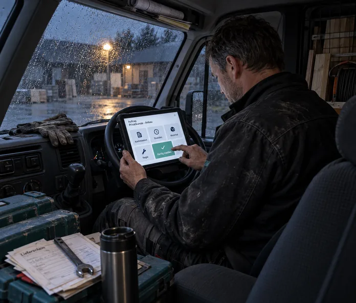 Monteur im Fahrerhaus seines Kastenwagens schließt bei Regen den Einsatz auf dem Tablet am Lenkrad ab, auf dem Display große Kacheln für Kommission, Stunden, Material, Regie und Fertig melden