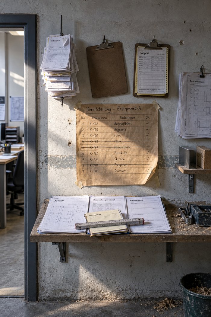 Werkstattwand neben der Bürotür mit aufgespießten Lieferscheinen, einem Rapport am Klemmbrett und einer Bereitstellungsliste auf Packpapier, darunter Aufmaßblatt, zwei Protokolle und ein Durchschreibblock für das Erstgespräch
