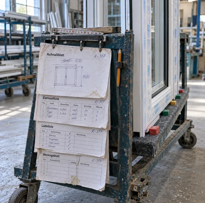 Kommissionsbock in der Fertigungshalle mit weißen Kunststoffrahmen, an der Stirnseite die Begleitmappe mit Aufmaßblatt samt korrigiertem Maß, Elementliste, Ladeliste und Montageblatt, alle mit demselben Kommissionskürzel