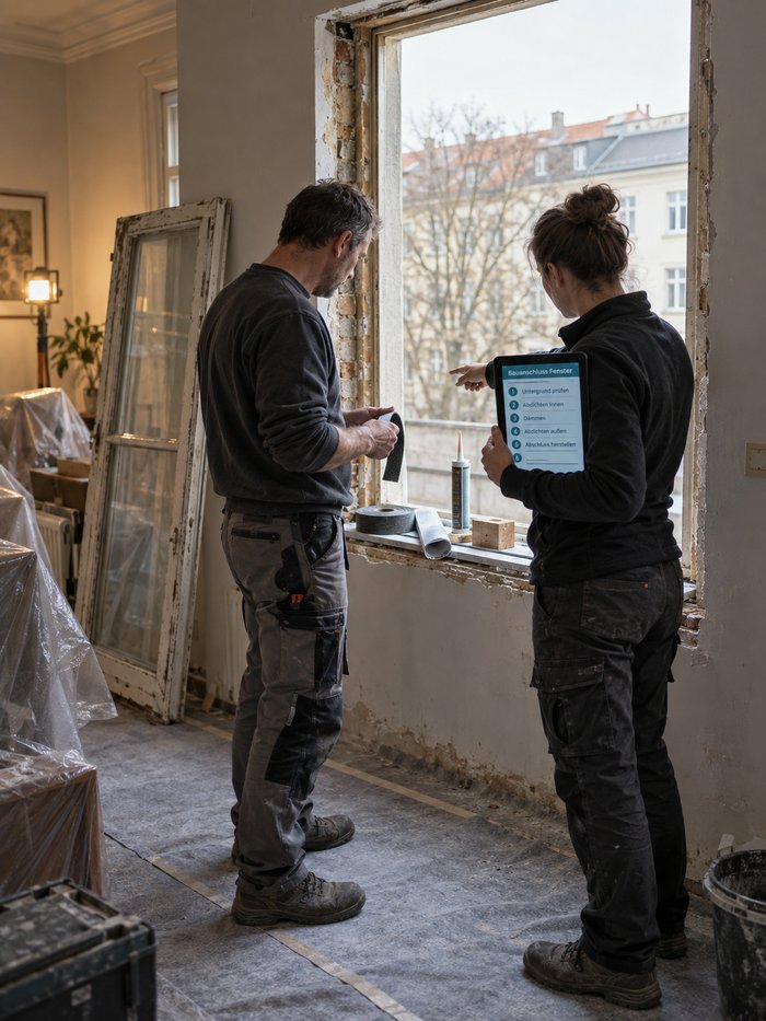 Fenstertausch in einer bewohnten Altbauwohnung: Vor der offenen Maueröffnung klären ein Monteur mit Dichtband und eine Kollegin mit den Bauanschluss-Schritten auf dem Tablet ein Anschlussdetail, daneben lehnt das ausgebaute Holzfenster