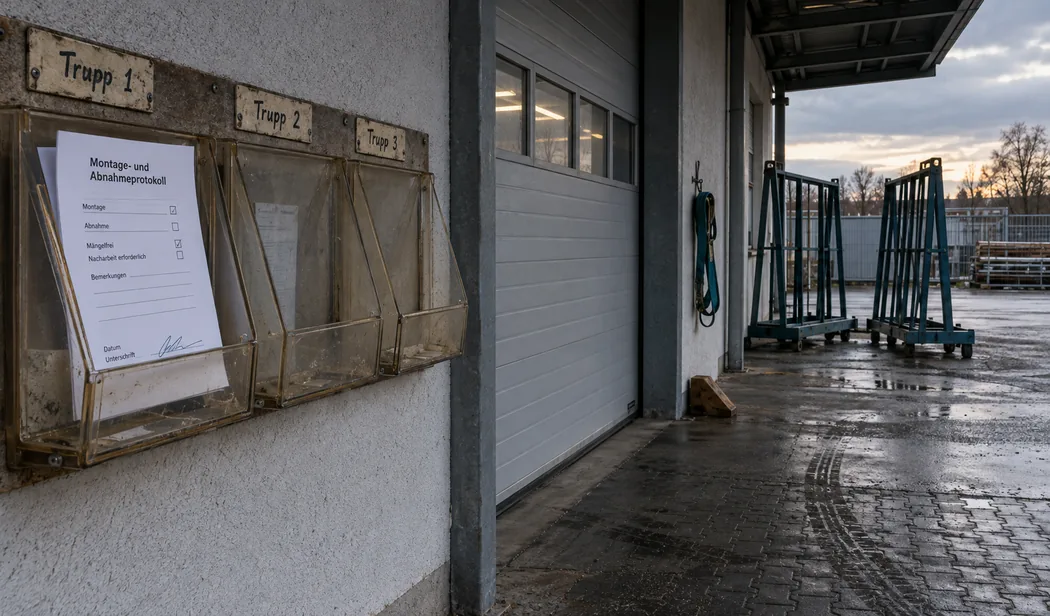 Rückgabestelle an der Werkstatt eines Fensterbaubetriebs: Im Ablagefach von Trupp 1 steckt schon das unterschriebene Montage- und Abnahmeprotokoll aus dem Drucker, daneben Hallentor und zwei leere Glastraggestelle auf nassem Pflaster
