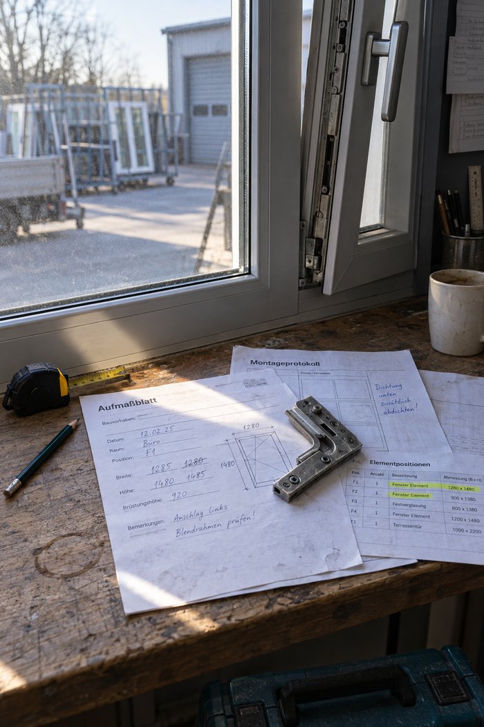 Fensterbank im Betriebsbüro eines Fensterbaubetriebs: Aufmaßblatt mit korrigierten Maßen, Montageprotokoll mit Randnotiz und eine Liste der Elementpositionen, beschwert mit einem Ecklager, daneben Rollmeter, Bleistift und Kaffeetasse