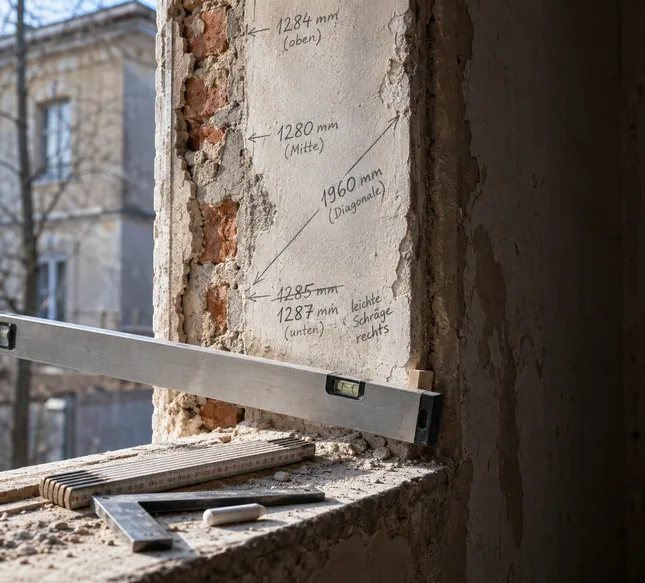 Laibung einer ausgebauten Maueröffnung im Altbau: Mit Bleistift stehen auf dem rauen Putz die Maße oben, Mitte und unten, die um Millimeter abweichen, dazu die Diagonale, davor Wasserwaage, Gliedermaßstab und Winkel