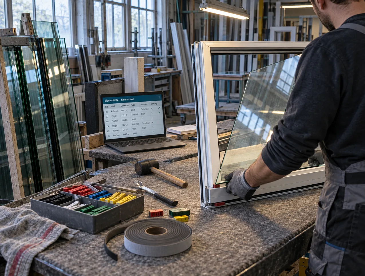 Verglasungstisch in der Werkstatt: Ein Mitarbeiter mit Handschuhen setzt eine Isolierglasscheibe in einen Flügelrahmen, daneben ein Notebook mit der Elementliste der Kommission, Verglasungsklötze, Gummihammer und Dichtband