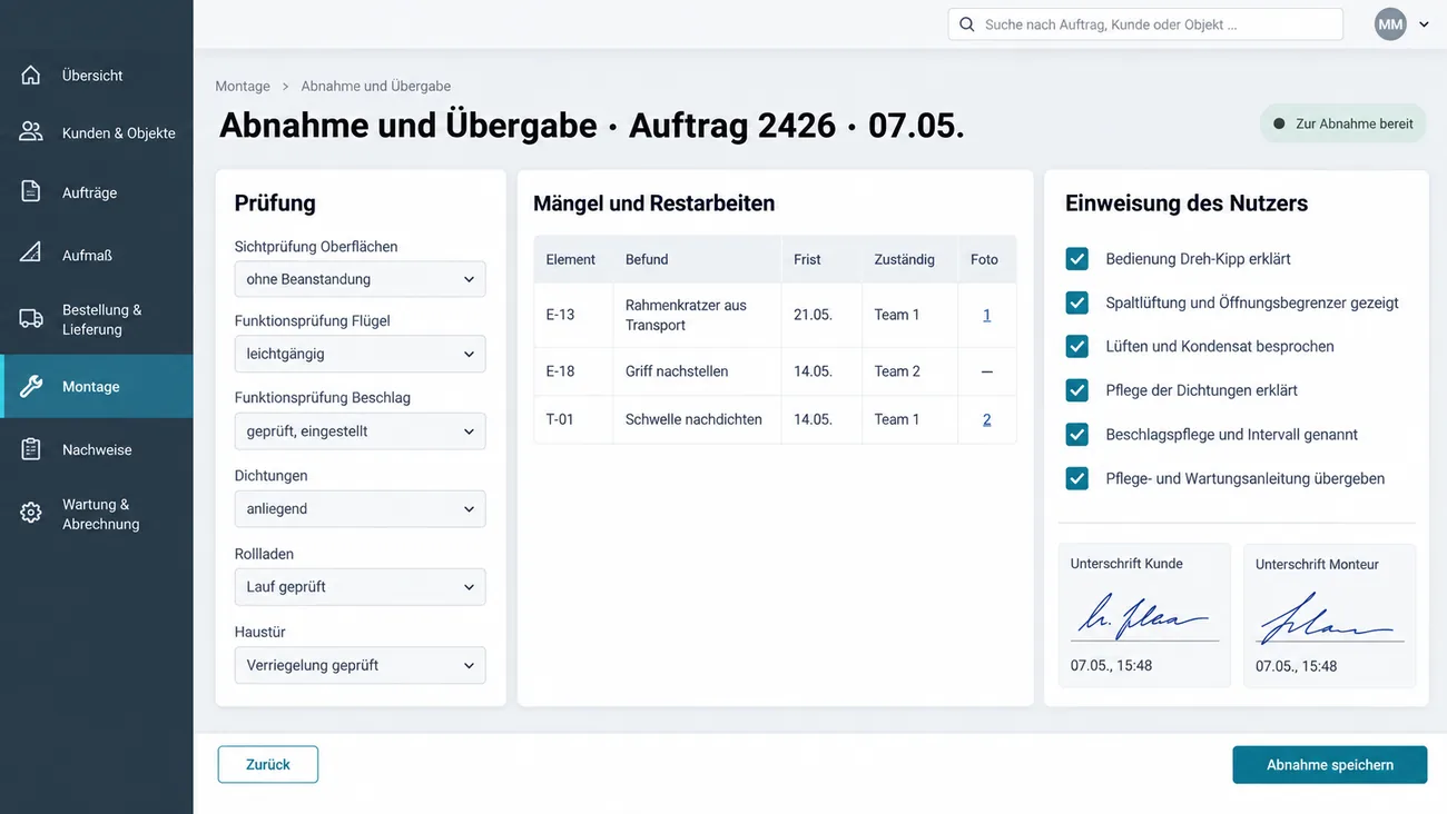 Maske: Abnahme und Übergabe mit Sicht- und Funktionsprüfung, Tabelle der Mängel und Restarbeiten mit Frist und Zuständigem, abgehakter Einweisung des Nutzers und den Unterschriften von Kunde und Monteur