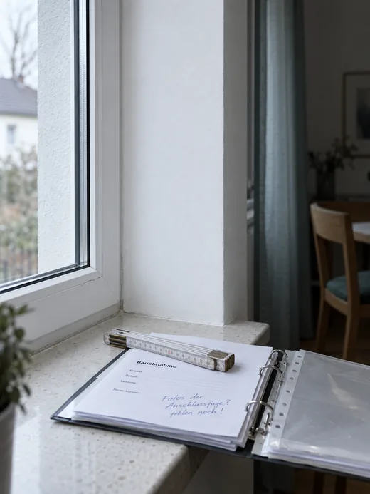 Verputzte und weiß gestrichene Laibung eines eingebauten Fensters, auf der Fensterbank ein Ordner mit der Randnotiz, dass die Fotos der Anschlussfuge fehlen, dazu eine leere Klarsichthülle und ein Gliedermaßstab