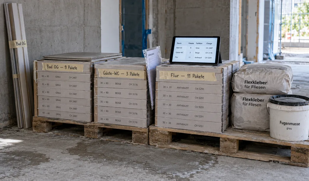 Abladestelle im Rohbau: Fliesenpakete auf Paletten, raumweise beschriftet für Bad OG, Gäste-WC und Flur samt Paketzahl, obenauf ein Tablet mit derselben Materialliste nach Farbton und Charge, daneben Kleber und Fugenmasse