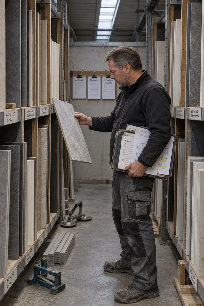 Gasse im Fliesenlager: Der Inhaber zieht eine Musterplatte aus dem Fach, unter dem Arm eine Mappe mit Aufmaßblatt und weiteren Vordrucken, an der Stirnwand hängen Vordrucke für Aufmaß, Material und Kundentermin