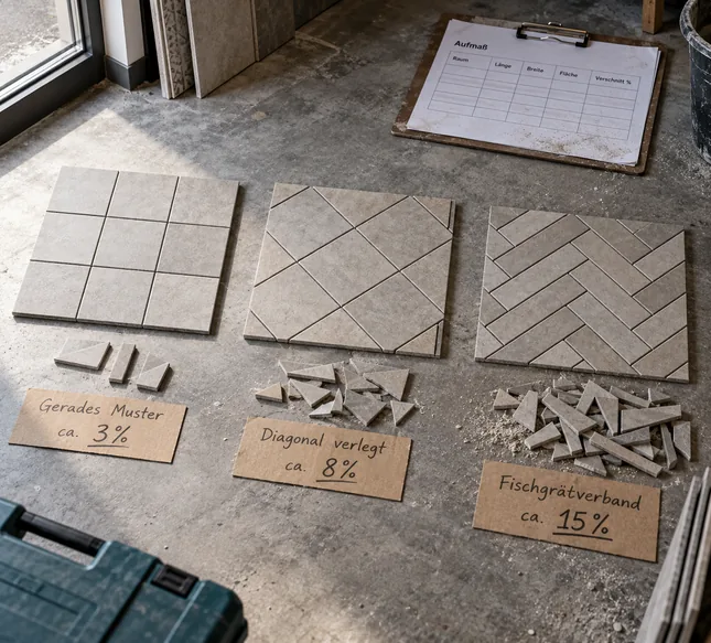 Drei Musterfelder derselben Fliese, gerade, diagonal und im Fischgrätverband verlegt, davor wachsende Häufchen Verschnitt mit etwa 3, 8 und 15 Prozent, oben ein Standard-Aufmaßblatt mit einer einzigen Verschnittspalte