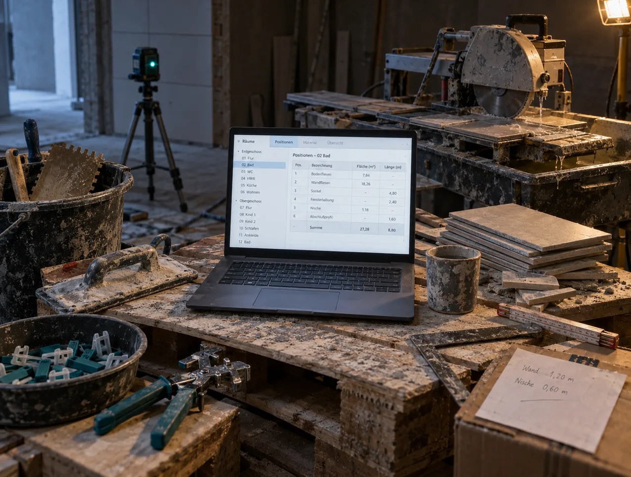 Zuschnittplatz auf der Baustelle: Auf einer Palette steht ein Notebook mit Raumliste und Positionen in Quadratmetern und Laufmetern, ringsum Nassschneider, Zuschnitte, Zahnspachtel, Fugbrett, Nivellierlaschen und ein Kreuzlinienlaser