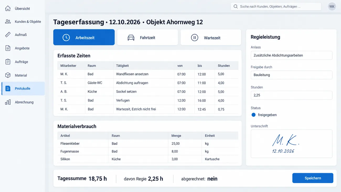 Maske: Tageserfassung mit Umschalter für Arbeits-, Fahrt- und Wartezeit, Stunden je Mitarbeiter, Raum und Tätigkeit, dem Materialverbrauch je Raum und einer freigegebenen Regieleistung mit Anlass und Unterschrift