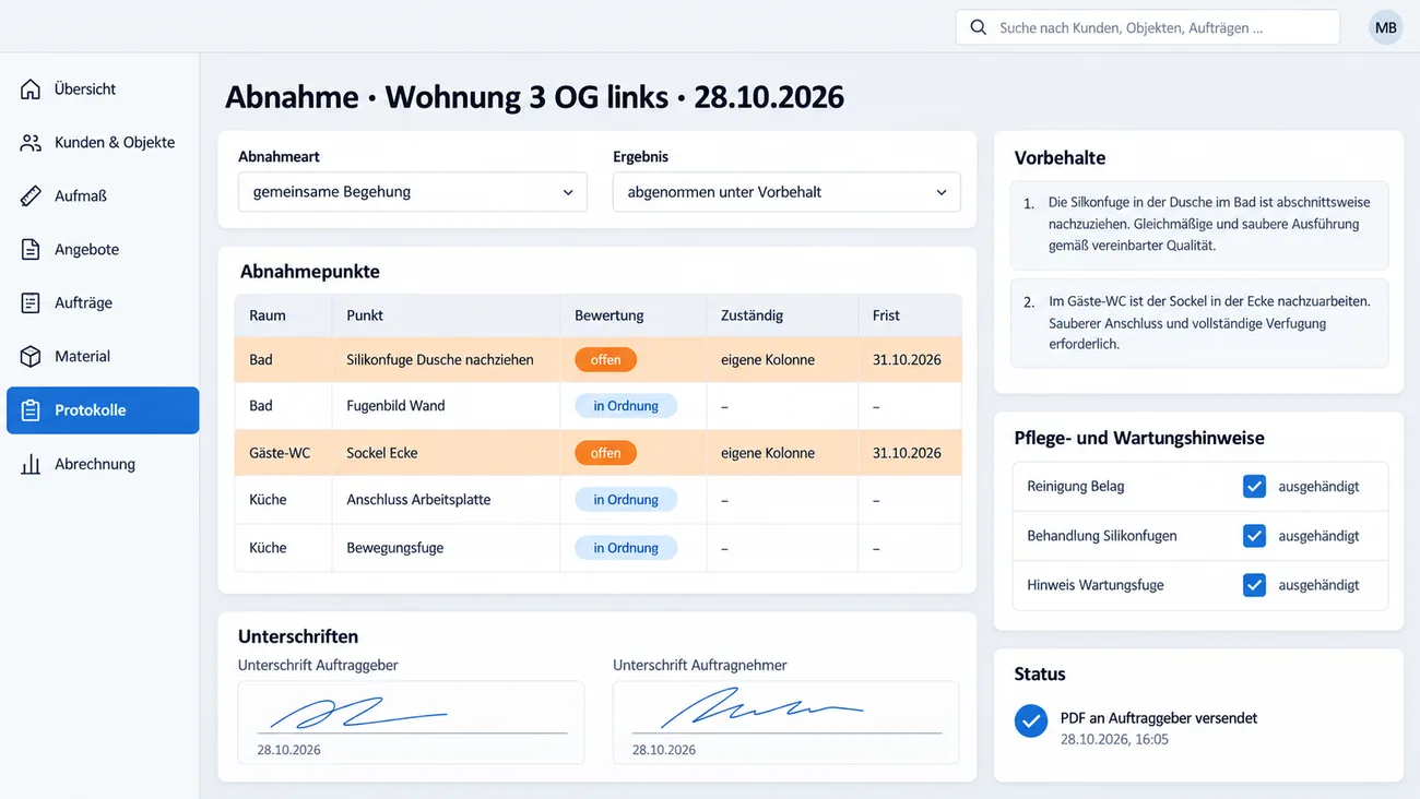 Maske: Abnahme unter Vorbehalt mit Abnahmepunkten je Raum, offenen Punkten samt Zuständigkeit und Frist, ausformulierten Vorbehalten, ausgehändigten Pflege- und Wartungshinweisen und den Unterschriften beider Seiten