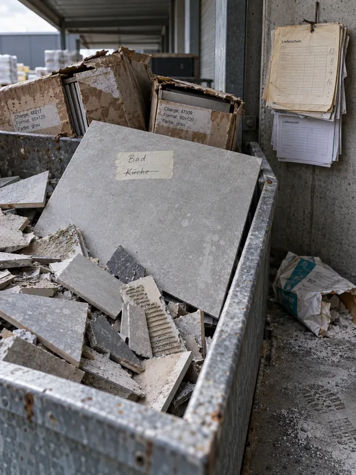 Schuttbehälter unter dem Vordach voller Keramikbruch, obenauf eine unbeschädigte Großformatplatte mit umgeschriebenem Raumschild, dahinter angebrochene Pakete mit Chargenaufdruck und an der Wand ein Bündel Lieferscheine