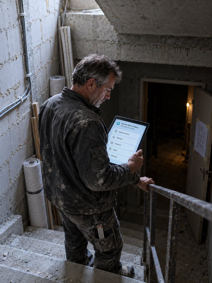 Vorarbeiter auf halber Kellertreppe eines Ausbauobjekts blickt prüfend auf sein Tablet, das meldet, dass offline erfasst und später übertragen wird