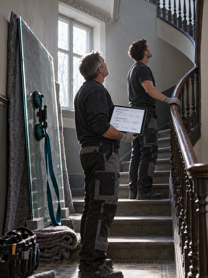 Zwei Glasmonteure im Altbau-Treppenhaus blicken hinauf in die gewendelte Treppe, die Scheibe mit dem Saugheber lehnt vor einer Filzdecke an der Wand, der Ältere hält ein Tablet mit der Maske zur Einbausituation