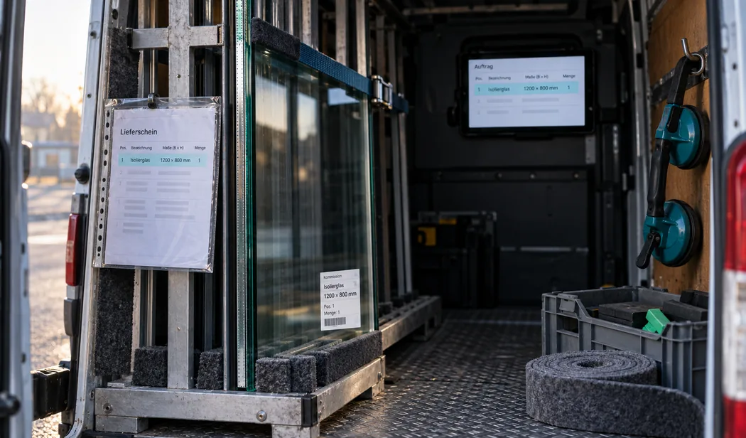 Laderaum eines Glastransporters mit einer Isolierglaseinheit im Transportgestell: dieselbe Positionszeile steht auf dem Kommissionsetikett der Scheibe, auf dem Lieferschein in der Klarsichthülle und auf dem Bildschirm an der Stirnwand