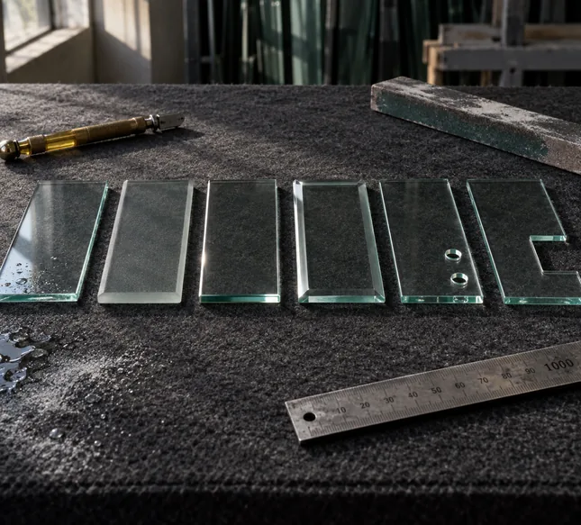 Sechs gleich große Glasstücke auf dem dunklen Filz des Zuschnitttisches, jedes anders bearbeitet: gesäumt, geschliffen, poliert, facettiert, mit zwei Bohrungen und mit Ausschnitt, dazu Glasschneider, Schleifleiste und Stahlmaßstab