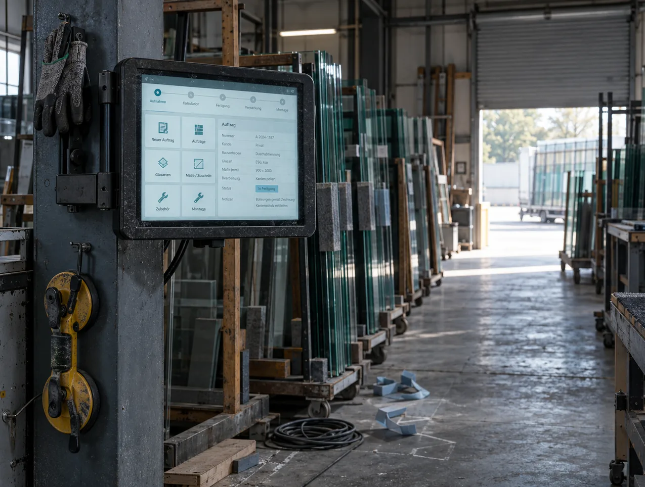 Werkstatthalle einer Glaserei: An einer Stahlstütze hängt eine Touch-Station mit Auftragsmaske und Schrittleiste von der Aufnahme bis zur Montage, darüber Schnittschutzhandschuhe, darunter ein Saugheber, dahinter Glasgestelle bis zum offenen Rolltor