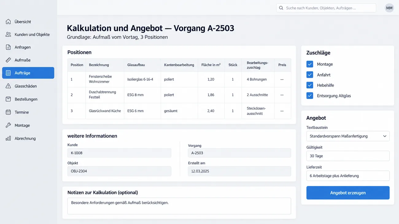 Maske: Kalkulation auf Grundlage des Aufmaßes mit Positionstabelle aus Glasaufbau, Kantenbearbeitung, Fläche und Bearbeitungszuschlag, angehakten Zuschlägen für Montage, Anfahrt, Hebehilfe und Entsorgung und dem Angebotsblock mit Gültigkeit