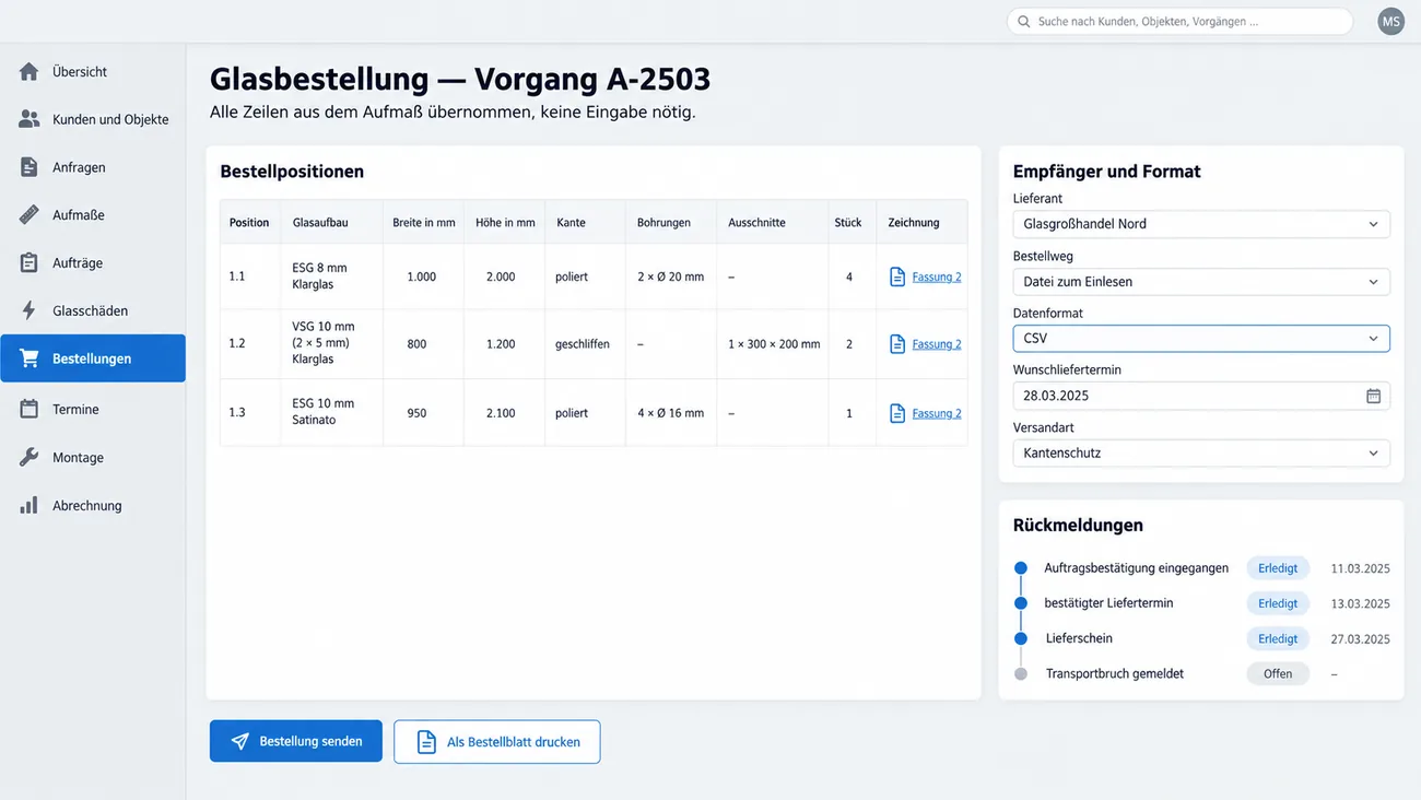 Maske: Glasbestellung mit den aus dem Aufmaß übernommenen Positionen samt Glasaufbau, Maßen, Kante, Bohrungen und Zeichnungsfassung, der Wahl von Lieferant, Bestellweg und Datenformat und den Rückmeldungen des Lieferanten