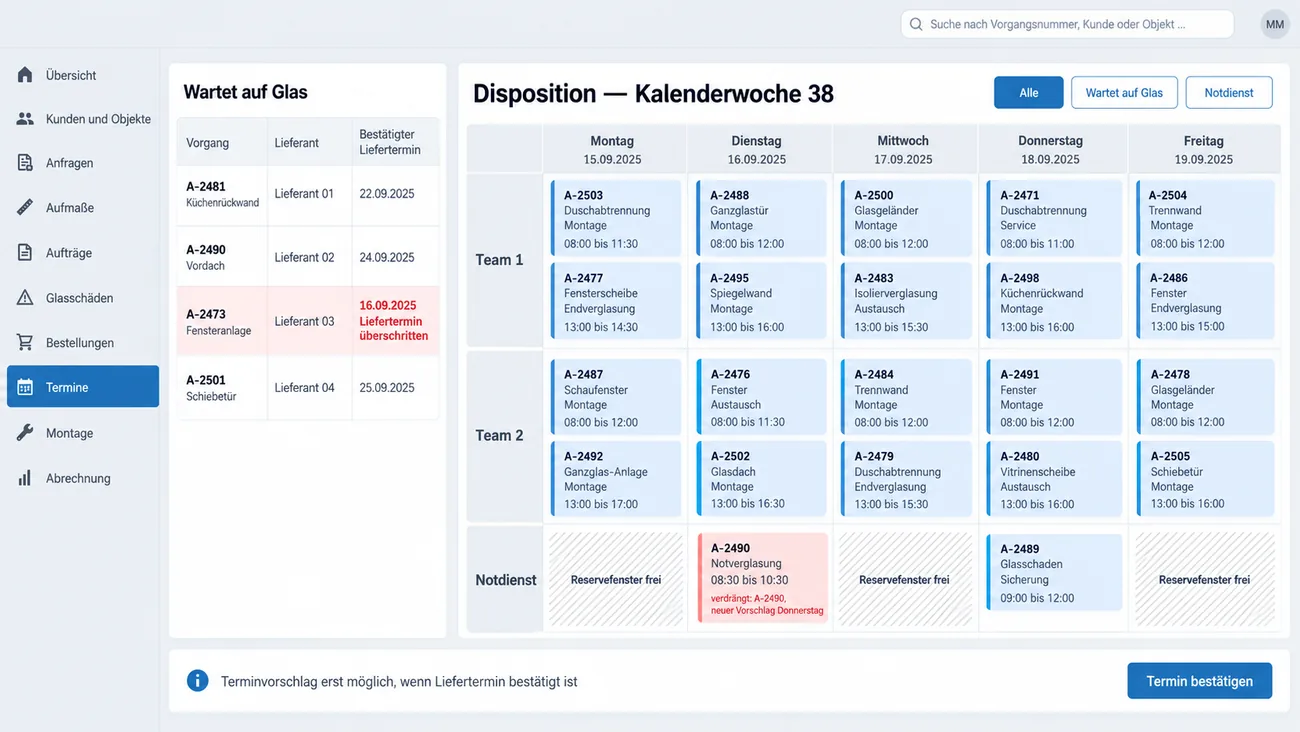 Maske: Wochenplan der Disposition mit Terminkacheln je Team, Notdienstzeile mit freien Reservefenstern und einem verdrängten Termin, daneben die Liste der Vorgänge, die auf Glas warten, mit bestätigtem Liefertermin