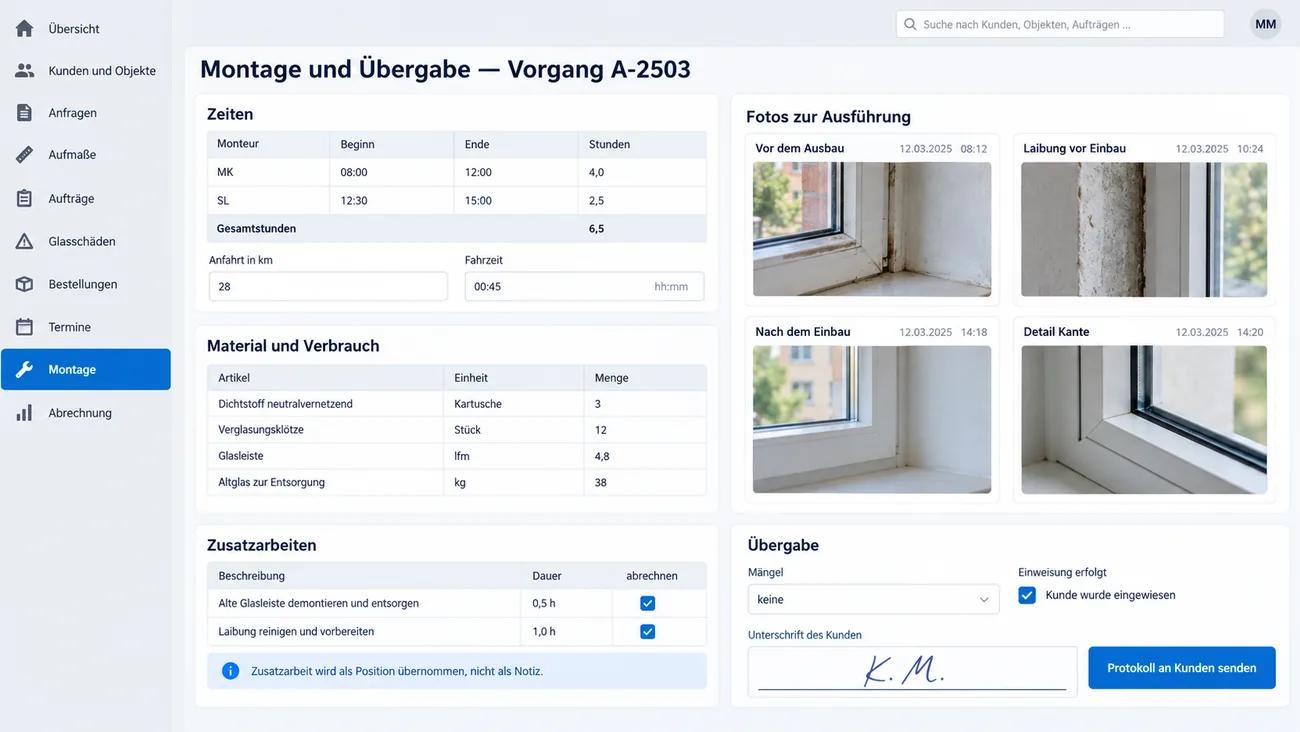 Maske: Montage und Übergabe mit Zeiten je Monteur, Materialverbrauch samt Dichtstoff, Zusatzarbeiten als abrechenbare Positionen, Fotos vor dem Ausbau und nach dem Einbau und der Unterschrift des Kunden auf dem Gerät