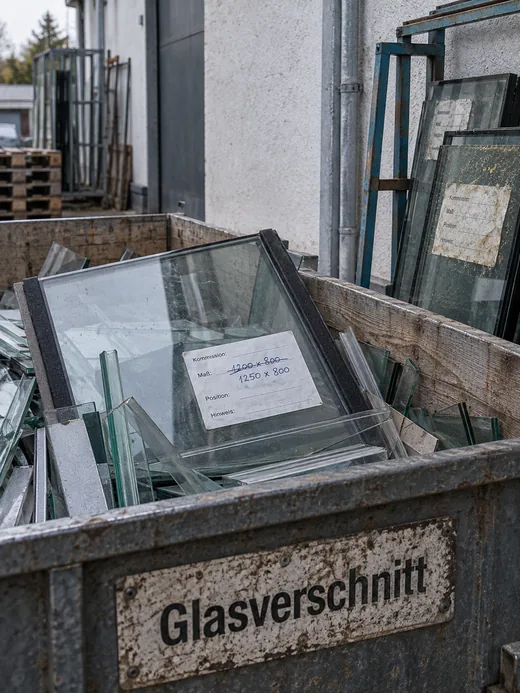 Mulde für Glasverschnitt im Hof einer Glaserei, obenauf eine Isolierglaseinheit mit Kommissionsetikett, auf dem das Maß durchgestrichen und neu notiert ist, daneben zwei weitere Einheiten mit vergilbten Etiketten im Gestell