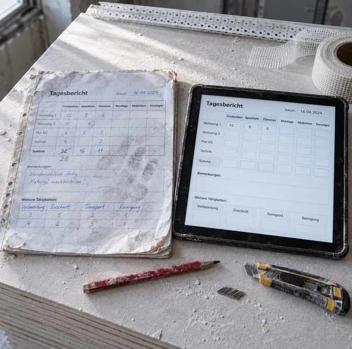 Auf einem Gipsplattenstapel liegen der handausgefüllte Tagesbericht in einer staubigen Klarsichthülle und ein Tablet mit derselben Maske, gleiche Leistungsspalten in gleicher Reihenfolge, daneben Zimmermannsbleistift und Cuttermesser