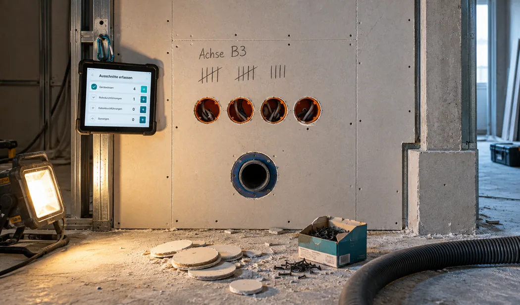 Beplankte Wand mit vier Dosenausschnitten und einem Rohrdurchbruch, darüber mit Bleistift Achse B3 und eine Strichliste, links am Profil ein Tablet, das dieselben Ausschnitte als Stückzahlen erfasst