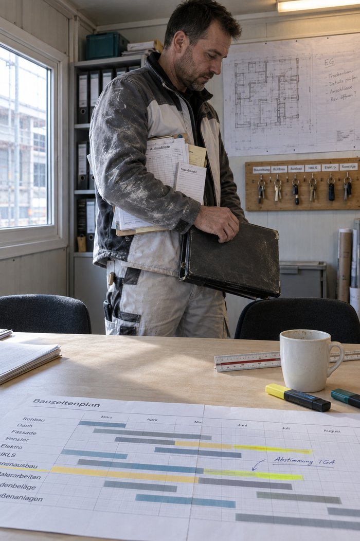 Inhaber eines Trockenbaubetriebs im Bürocontainer der Bauleitung, Projektmappe, Aufmaßliste und Tagesbericht unter dem Arm, vor ihm auf dem Tisch der Bauzeitenplan mit markierten Gewerkebalken, daneben Kaffeebecher und Lineal