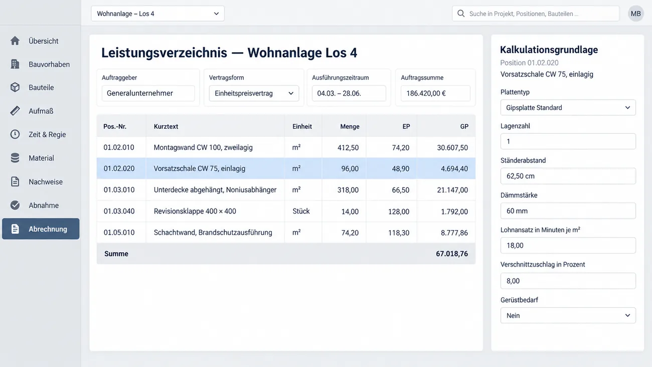 Maske: Leistungsverzeichnis mit Vertragsform, Positionen samt Positionsnummer, Einheit, Menge, Einheits- und Gesamtpreis und dem Seitenpanel Kalkulationsgrundlage mit Plattentyp, Lagenzahl, Dämmstärke, Lohnansatz und Verschnittzuschlag