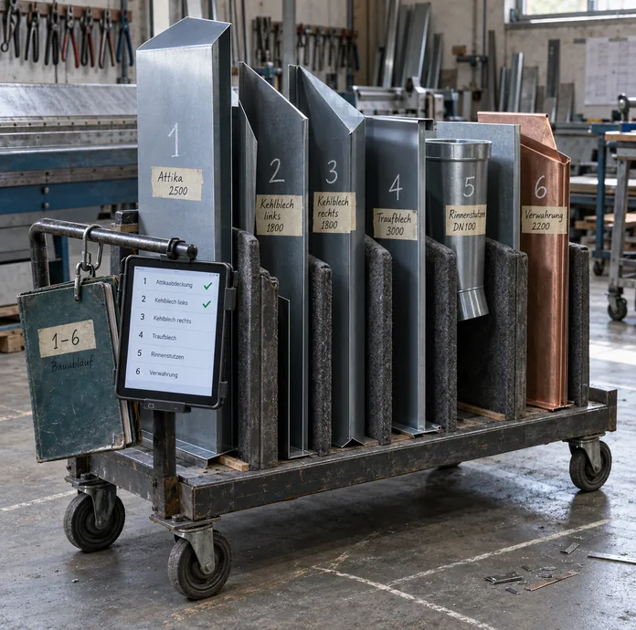 Fahrbares Scharengestell in der Blechwerkstatt mit sechs nummerierten Blechteilen von der Attikaabdeckung bis zur kupfernen Verwahrung, am Griffbügel die Werkstattmappe und ein Tablet mit derselben Reihenfolge, zwei Teile schon abgehakt