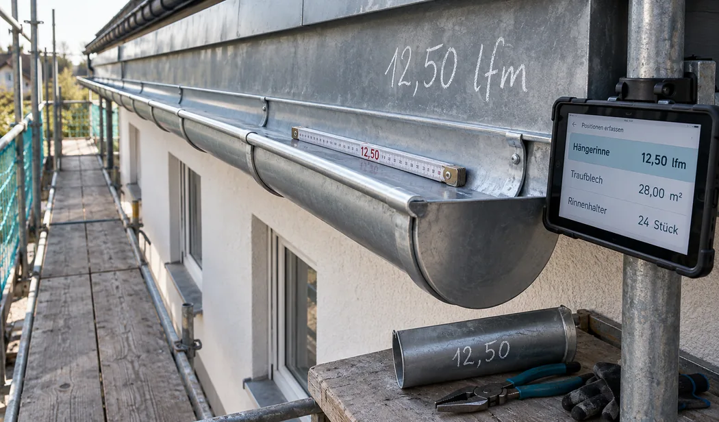 Gerüstgang an der Traufe eines Wohnhauses mit frisch eingehängter Hängerinne aus Titanzink, darin ein Gliedermaßstab, dieselben 12,50 laufenden Meter stehen mit Kreide auf dem Traufblech und im Tablet am Gerüstrahmen