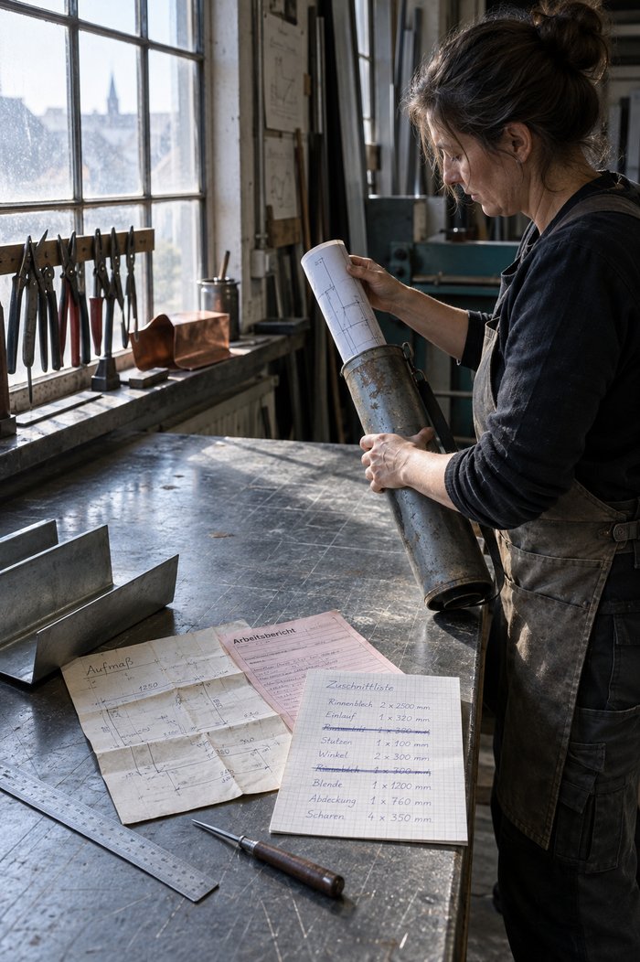Anreißtisch am Werkstattfenster: Eine Klempnermeisterin schiebt eine gerollte Zeichnung in die Zeichnungsrolle, vor ihr auf der Zinkplatte Aufmaßblatt, rosa Arbeitsbericht und eine handgeschriebene Zuschnittliste mit durchgestrichenen Zeilen