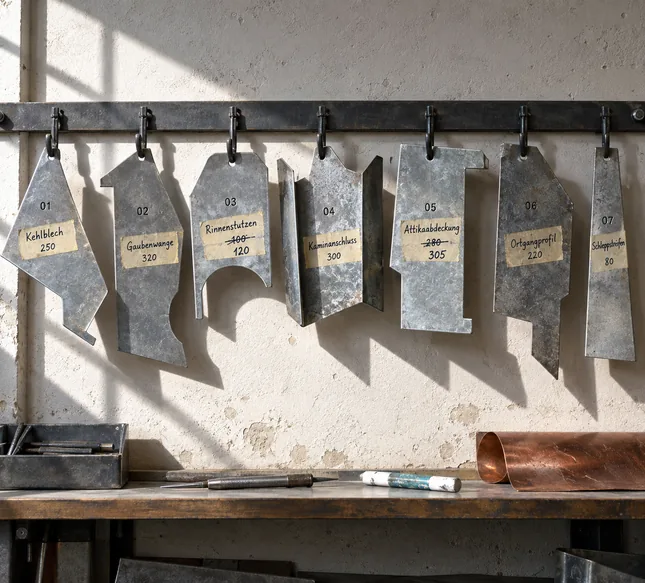 Sieben selbst gefertigte Schablonen aus Zinkblech an der Hakenleiste der Werkstattwand, vom Kehlblech bis zum Schleppstreifen jede mit eigener Kontur, Nummer und beschriftetem Kreppband, zwei Maße durchgestrichen und neu notiert