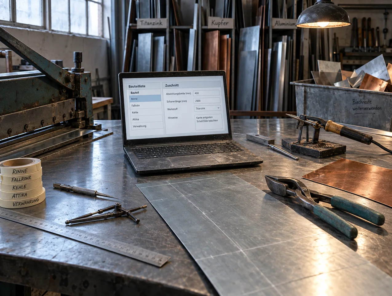 Zuschnittplatz einer Blechwerkstatt: Auf der Blechauflage neben der Tafelschere steht ein Notebook mit Bauteilliste, Abwicklungsbreite und Scharenlänge, ringsum Anreißnadel, Zirkel, Lötkolben, Kupferblech und beschriftete Kreppbandrollen