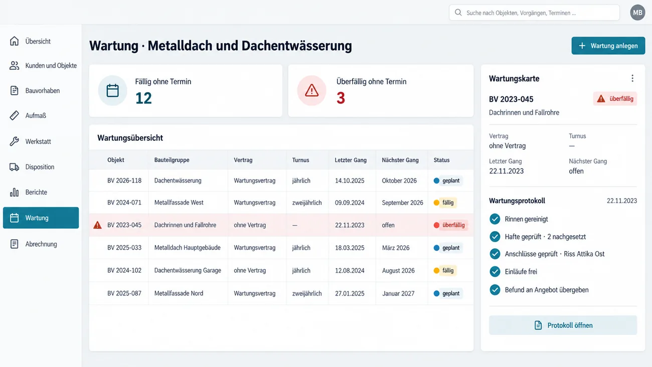 Maske: Wartungsübersicht für Metalldach und Dachentwässerung mit den Kacheln fällig und überfällig ohne Termin, der Objekttabelle mit Vertrag, Turnus und nächstem Gang und der geöffneten Wartungskarte mit Befund